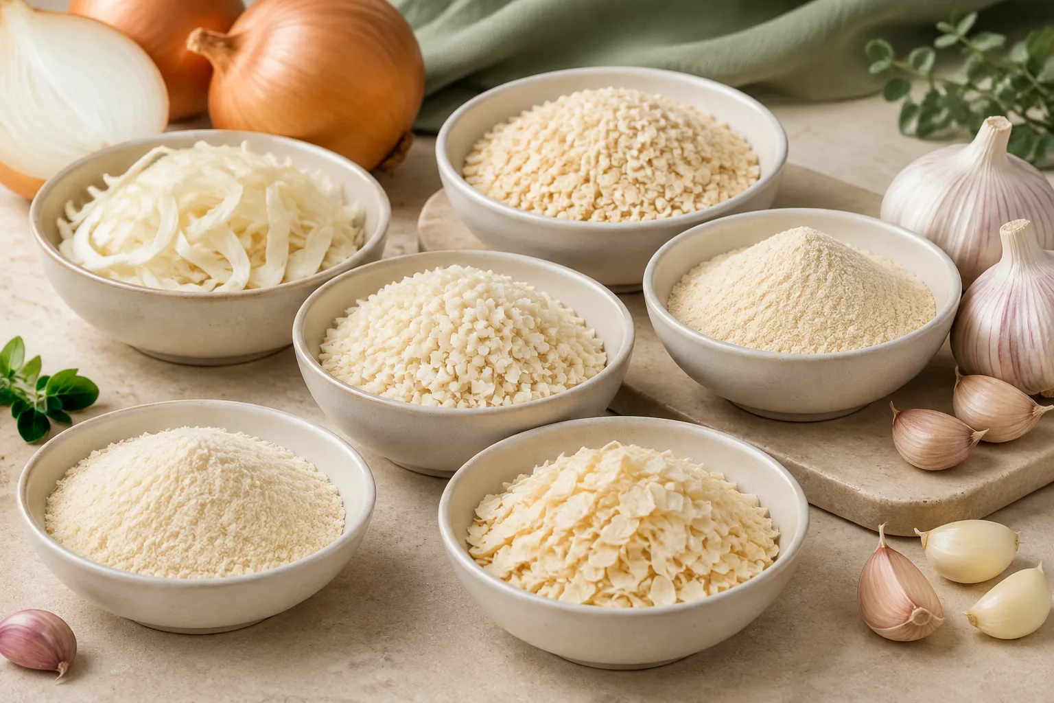 Dehydrated onion and garlic in several formats