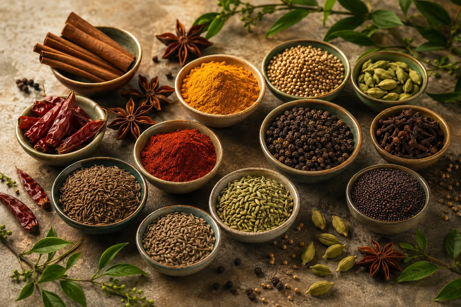 Whole and ground Indian spices