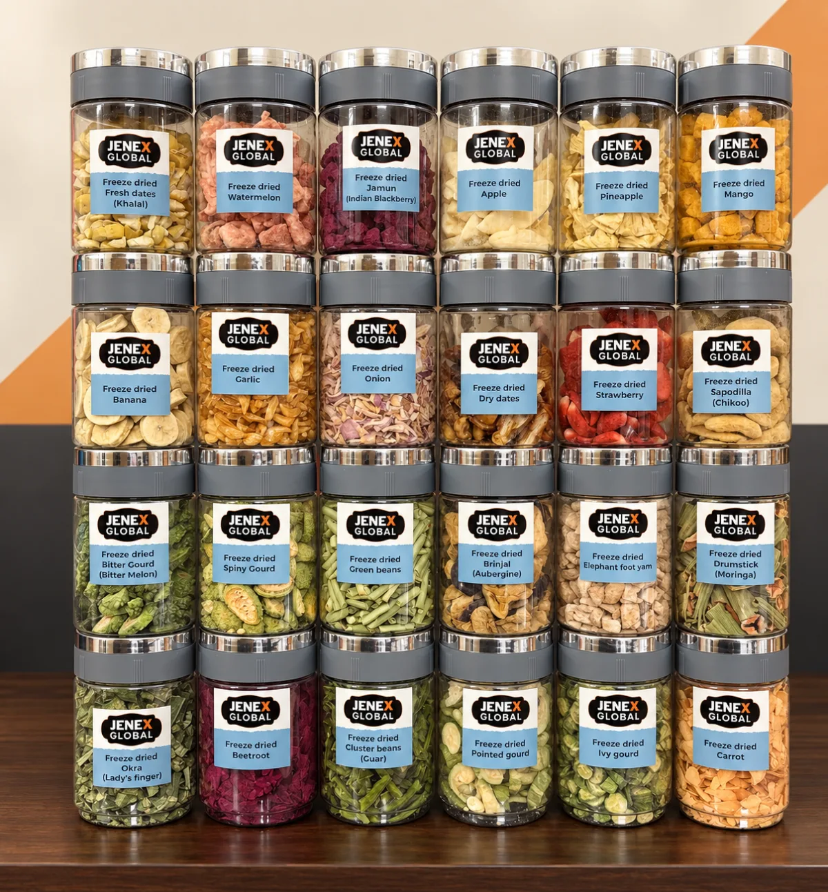 Jenex Global freeze-dried product sample range in labelled jars